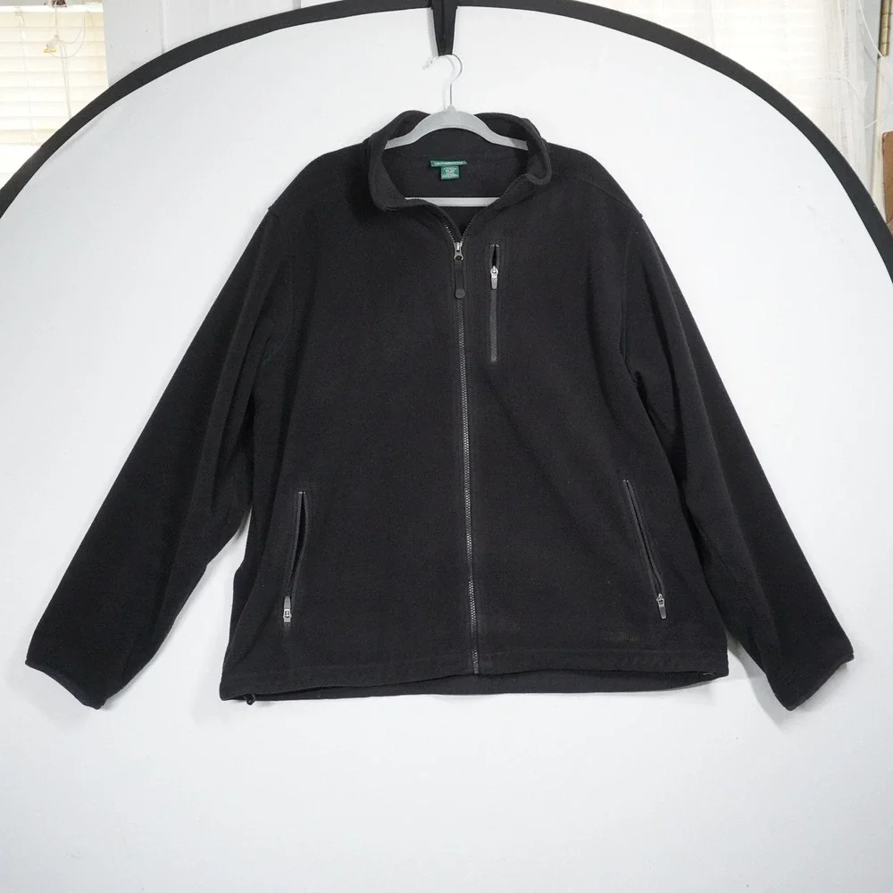 LL Bean Mens XXL Black Full Zip Fleece Jacket Mock Neck 3 Pocket 0FJM3 Hiking